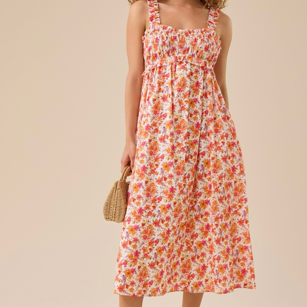 Altar'd State Pink and Orange Floral Smocked Maxi Dress